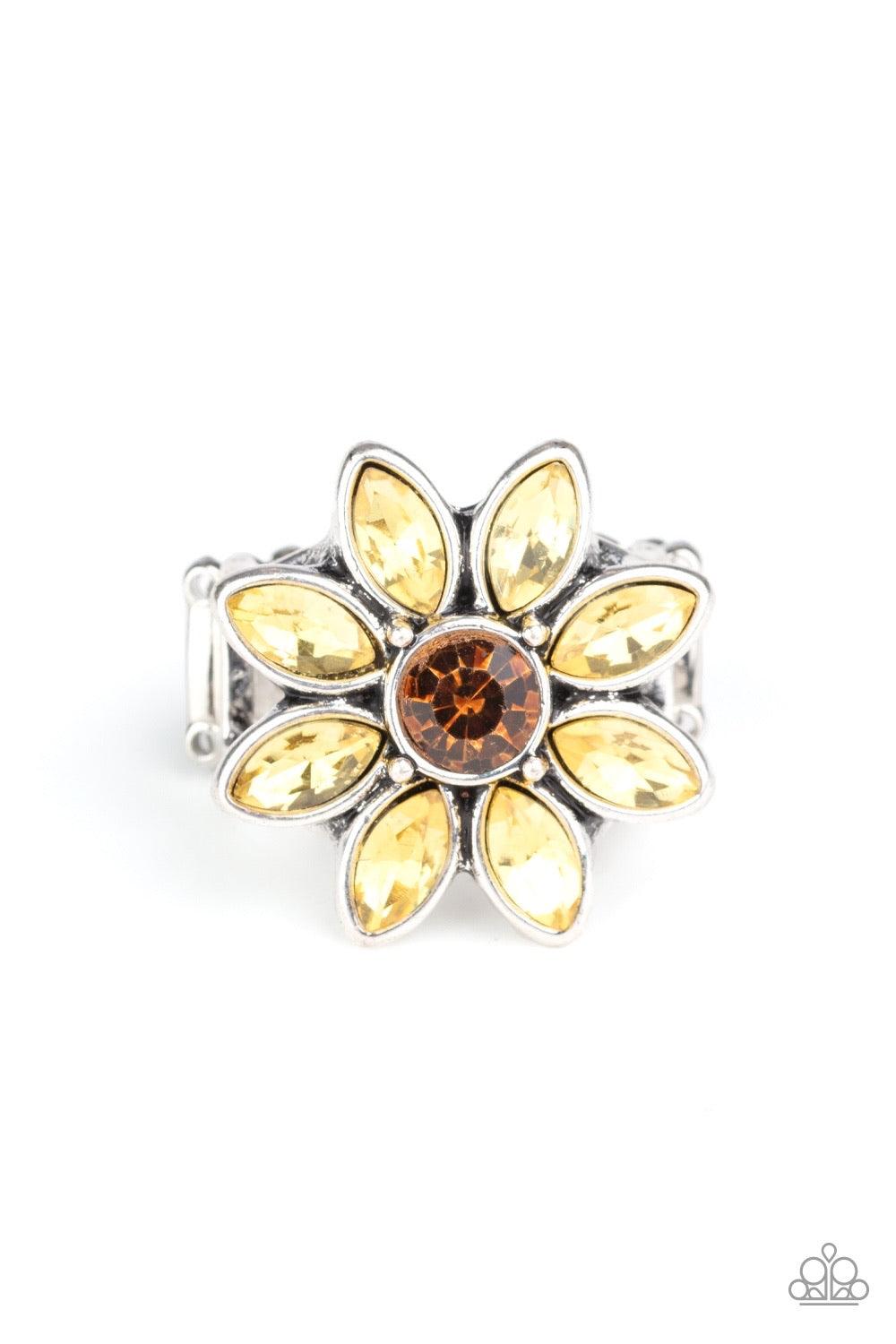 Paparazzi Accessories Prismatic Petals - Yellow Golden yellow rhinestone petals bloom from the center of a topaz rhinestone center, creating a sparkling flower atop the finger. Features a stretchy band for a flexible fit. Sold as one individual ring. Jewe