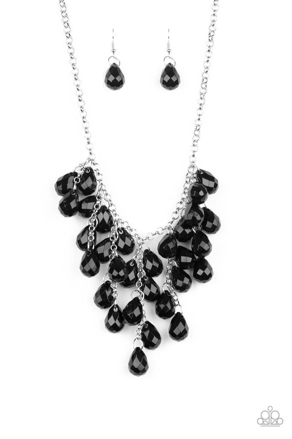 Paparazzi Accessories Serenely Scattered - Black Strands of faceted black teardrops cascade from the bottom of a shimmery silver chain, creating a scattered fringe below the collar. Features an adjustable clasp closure. Sold as one individual necklace. In
