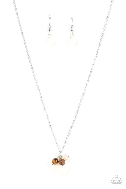 Paparazzi Accessories Cherokee Canyon - White An earthy cluster of wooden, crystal-like, and tiger's eye stone beads joins an enchanting quartz-like teardrop at the bottom of a dainty silver satellite chain, resulting in a tranquil pendant below the colla