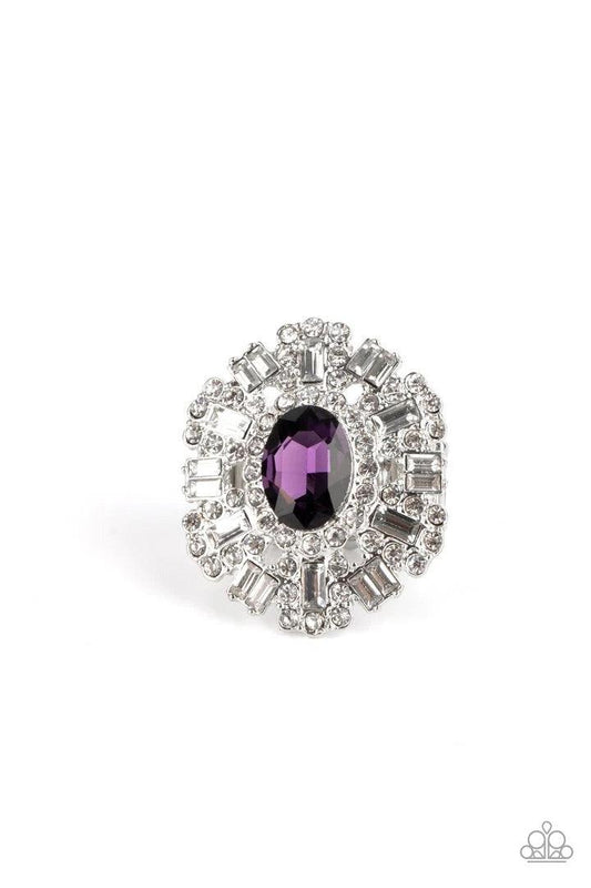 Paparazzi Accessories Iceberg Ahead ~Purple A sparkly series of round and emerald-cut rhinestone petals flare out from a purple oval rhinestone center, creating a dramatically oversized centerpiece atop the finger. Features a stretchy band for a flexible