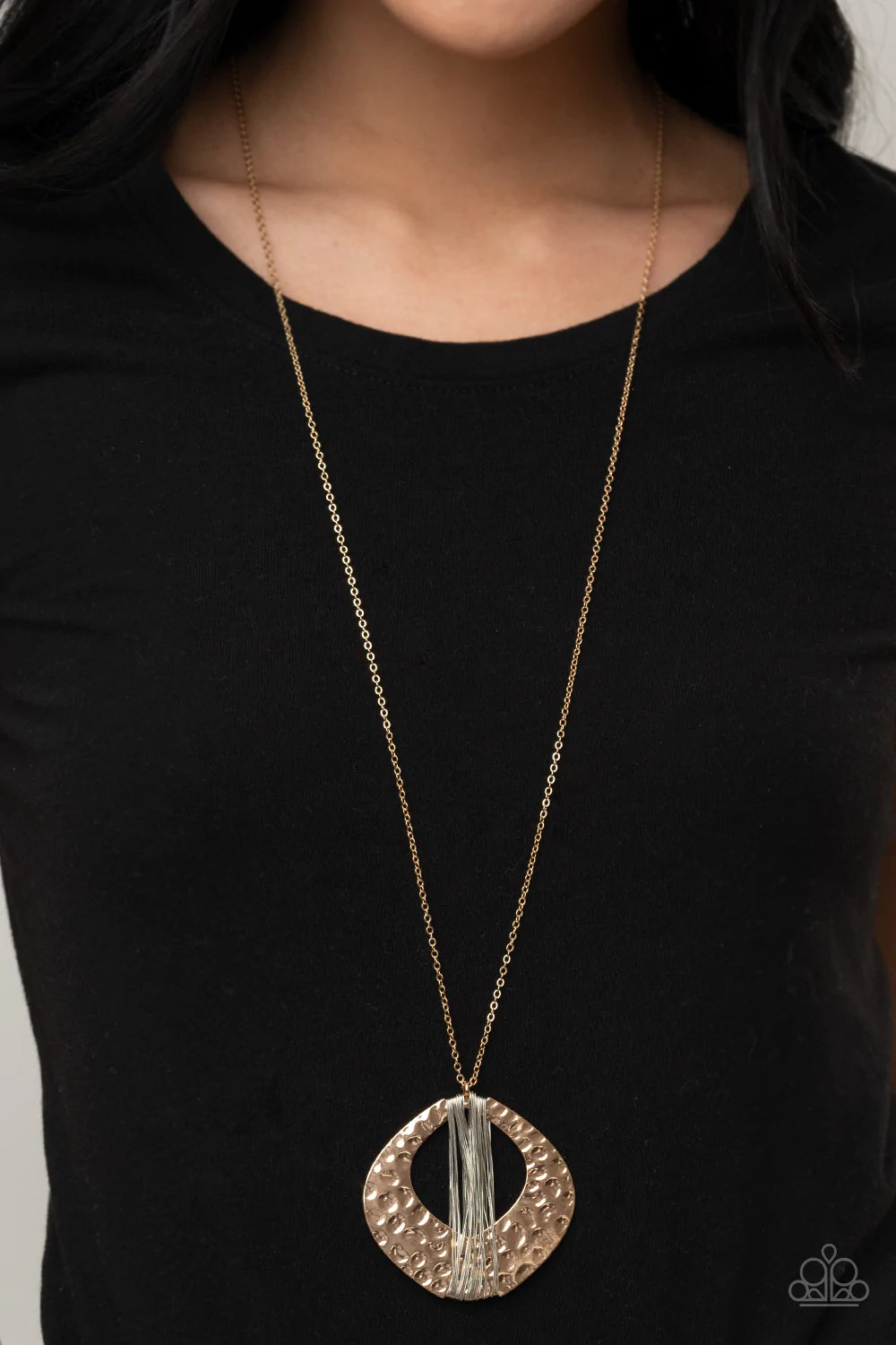 Paparazzi Accessories State of the ARTISAN - Gold Dainty silver wire is haphazardly wrapped around the center of a hammered oval gold frame, creating a one-of-a-kind pendant at the bottom of a lengthened gold chain. Features an adjustable clasp closure. S