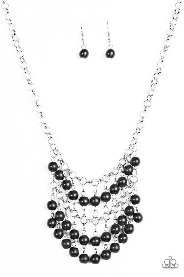 Paparazzi Accessories Jurassic Park Party - Black Earthy black stone beads swing from the bottom of a netted silver chain, creating a bold artisanal fringe below the collar. Features an adjustable clasp closure. Sold as one individual necklace. Includes o