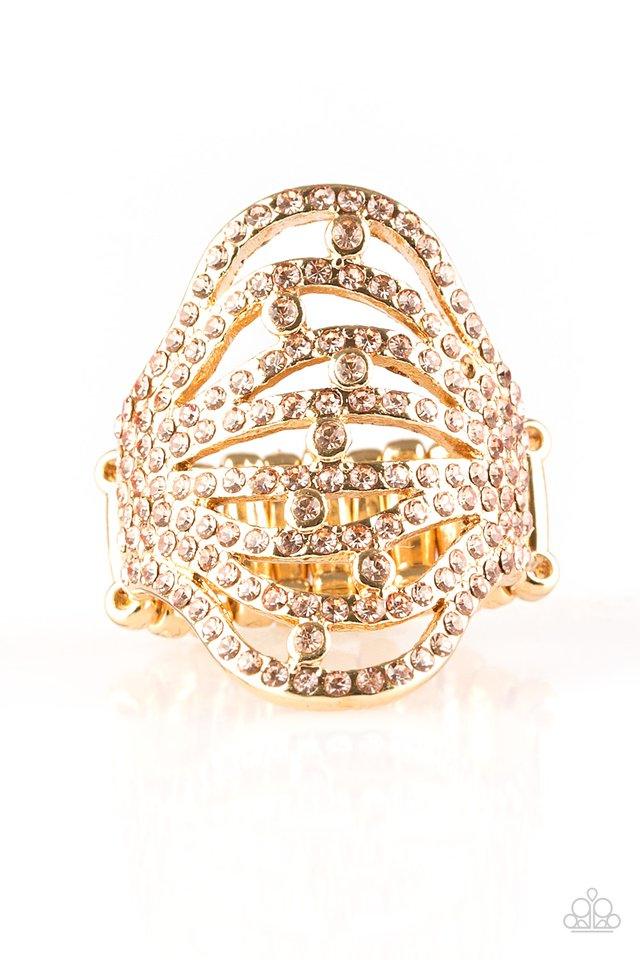 Paparazzi Accessories Stratospheric - Gold Countless dazzling peach rhinestones are sprinkled along swooping gold bands, creating a glamorous frame atop the finger. Features a stretchy band for a flexible fit. Sold as one individual ring. Jewelry