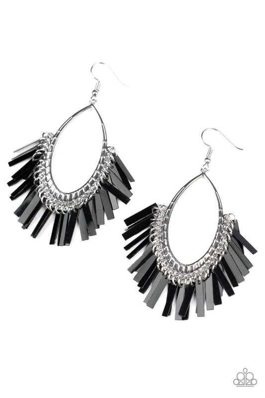 Paparazzi Accessories Fine-Tuned Machine - Black Featuring a shiny black metallic finish, flat rectangular rods dangle from the bottom of a textured silver frame, creating an edgy fringe. Earring attaches to a standard fishhook fitting. Sold as one pair o