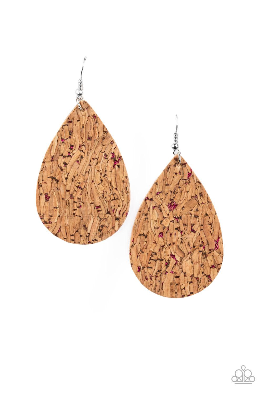 Paparazzi Accessories CORK It Over - Pink Flecked in metallic pink accents, a cork-like teardrop frame swings from the ear for a seasonal look. Earring attaches to a standard fishhook fitt Jewelry