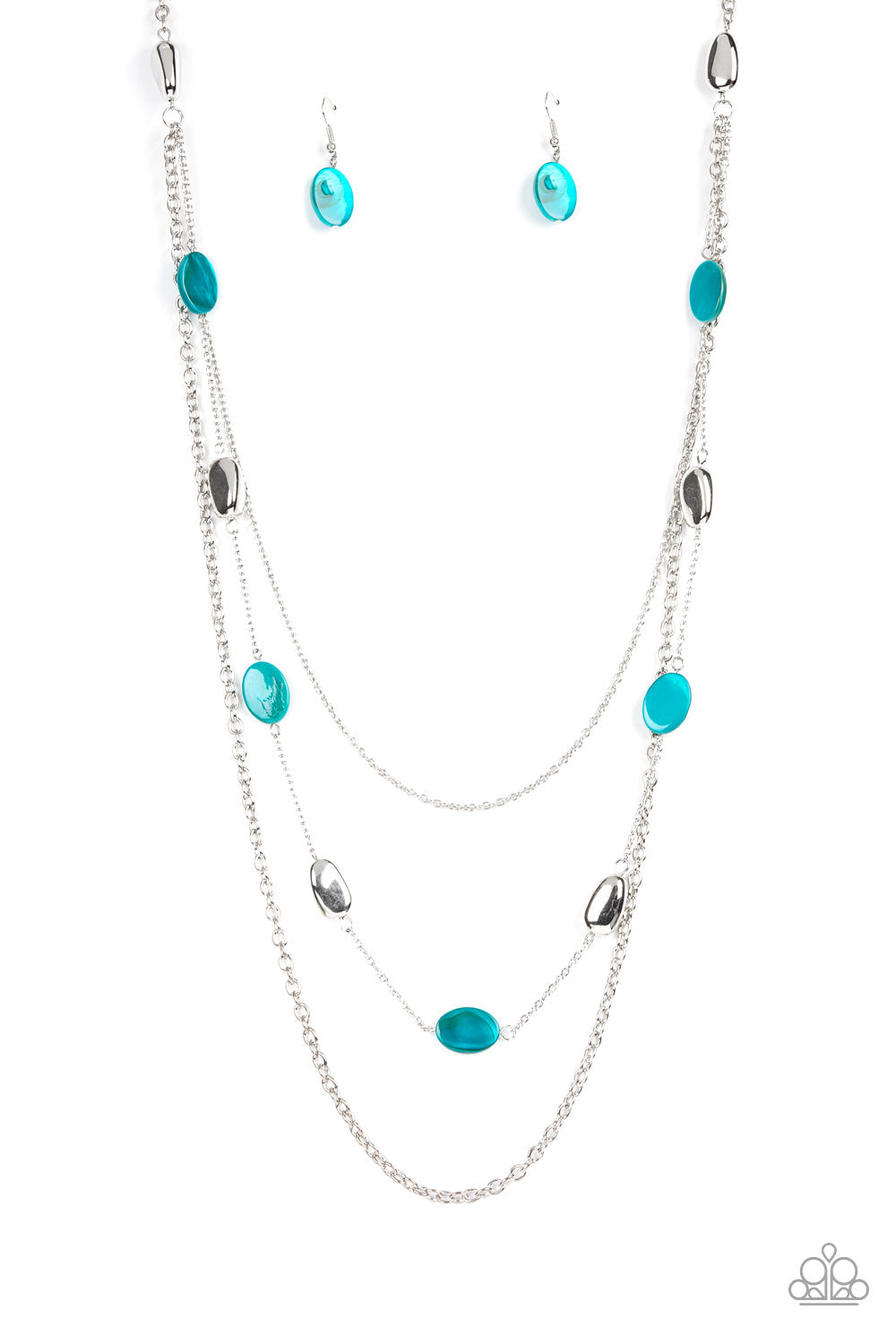 Paparazzi Accessories Barefoot And Beachbound - Blue A strand of silver pebble beads and blue shell-like discs layer with two mismatched silver chains across the chest, adding a seasonal pop of color to any outfit. Features an adjustable clasp closure. So