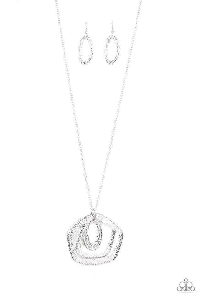 Paparazzi Accessories Urban Artisan - Silver A collection of hammered geometric frames swing from the bottom of a lengthened silver chain, creating a bold artisan inspired pendant. Features an adjustable clasp closure. Sold as one individual necklace. Inc
