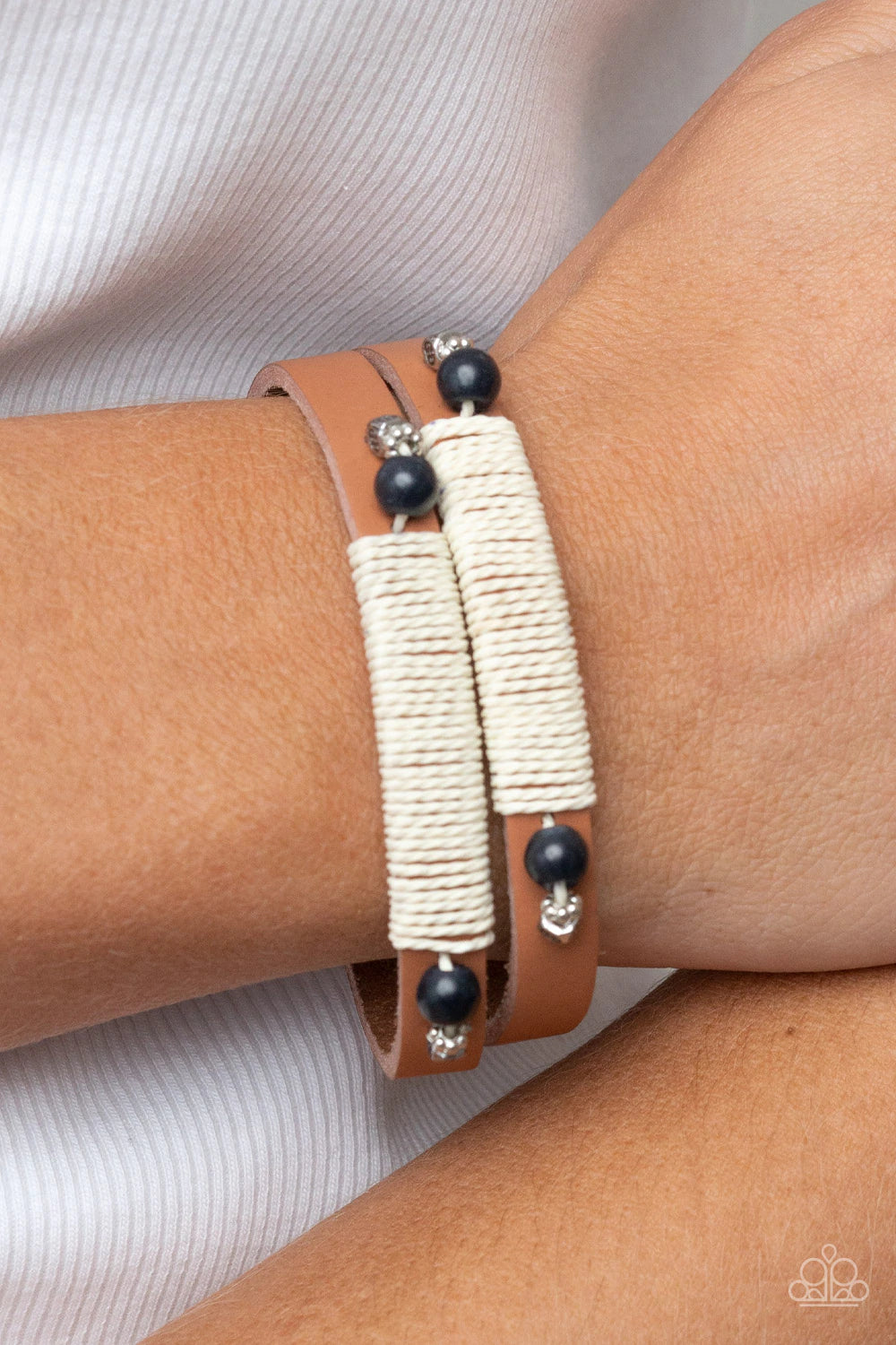 Paparazzi Accessories And ZEN some - Black Layered brown leather bands are wrapped with natural creme-colored cording and adorned at each end with earthy black stones and dainty silver accents, resulting in a rustic homespun finish as it wraps around the