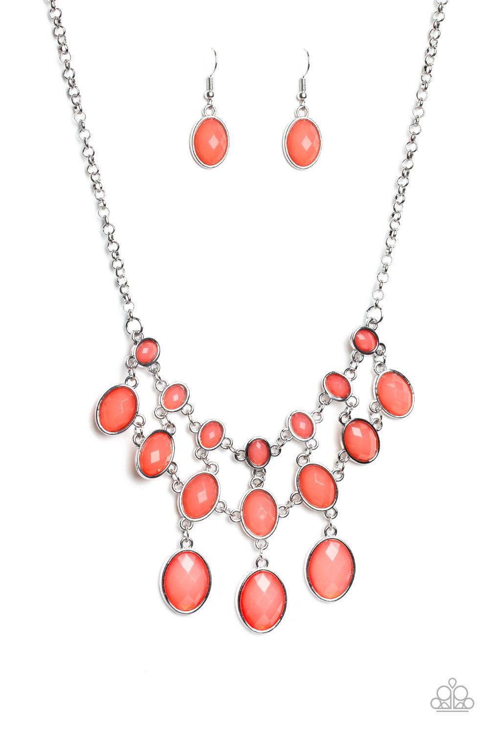 Paparazzi Accessories Mermaid Marmalade - Orange Gradually increasing in size as they cascade down the chest, rows of opalescent coral gems link together below the collar in a glamorous netted fringe. Features an adjustable clasp closure. Jewelry