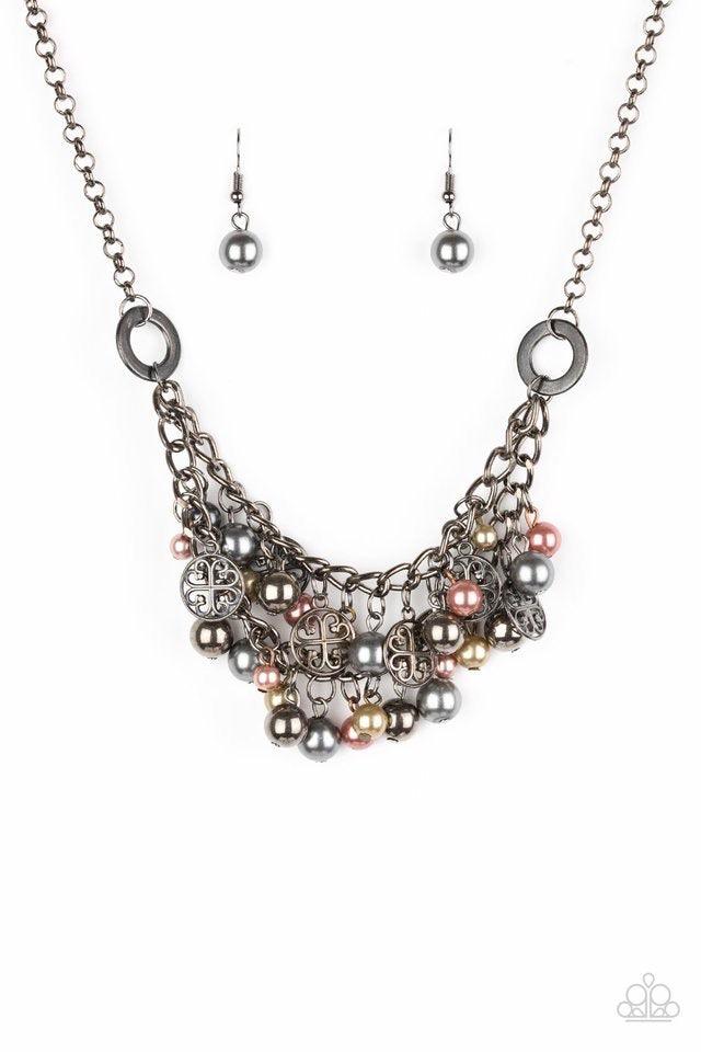 Paparazzi Accessories Cinderella Glam - Multi Brass, copper and gunmetal pearls, and shimmery gunmetal accents swing from the bottom of interlocking gunmetal chains, creating a bold fringe below the collar for a glamorous look. Features an adjustable clas