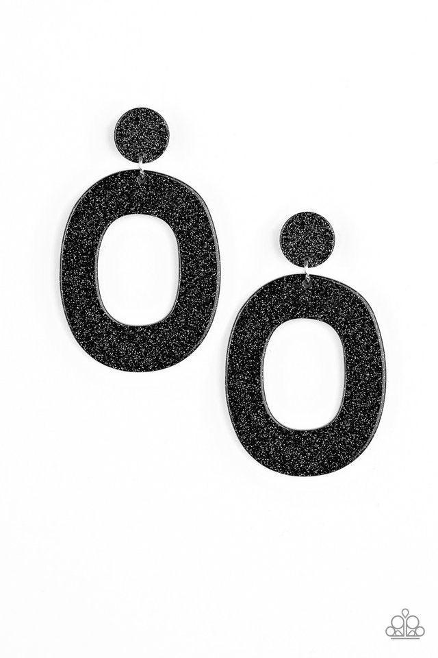 Paparazzi Accessories Miami Boulevard - Black Brushed in a glittery finish, a large black hoop swings from the bottom of a rounded fitting for a retro glamorous look. Earring attaches to a standard post fitting. Sold as one pair of post earrings. Jewelry