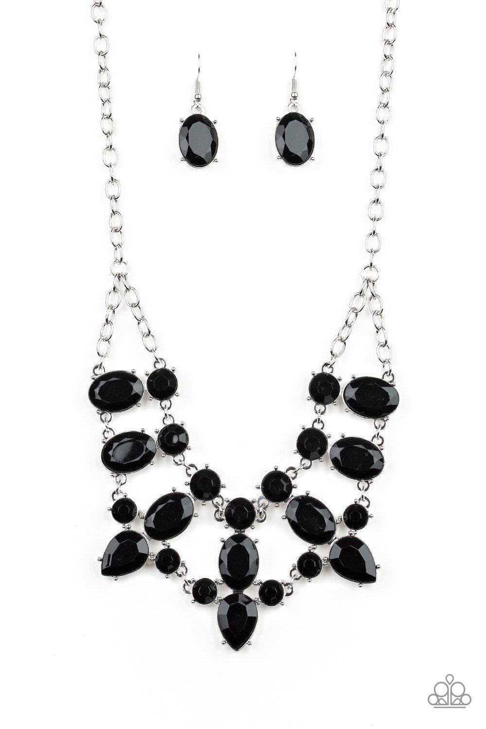 Paparazzi Accessories Goddess Glow - Black A collision of round, oval, and teardrop black rhinestone encrusted frames delicately connect below the collar for a glamorous look. Features an adjustable clasp closure. Sold as one individual necklace. Includes