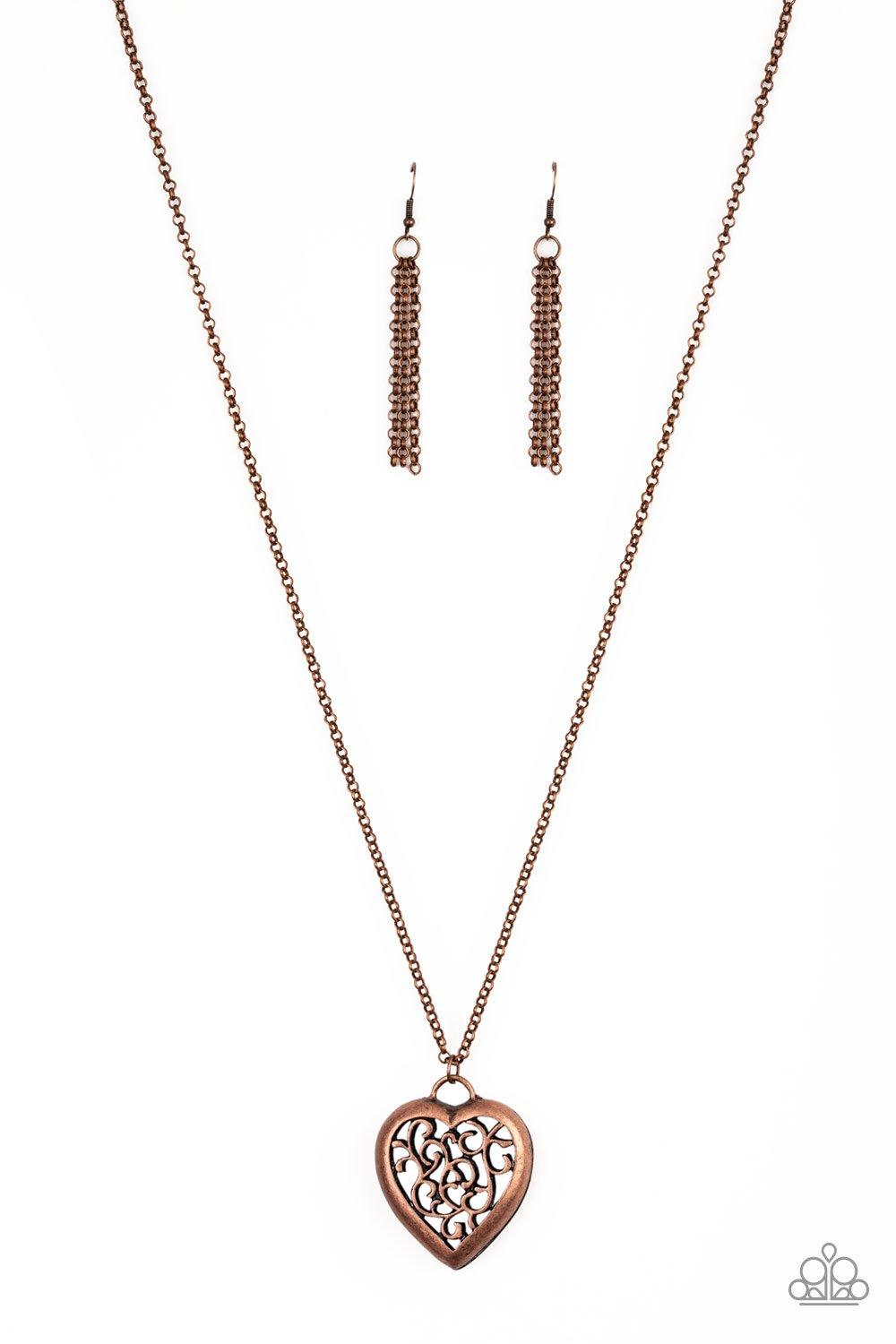 Paparazzi Accessories Victorian Valentine - Copper Featuring vine-like filigree, a dramatic locket-like heart swings from the bottom of a lengthened copper chain for a vintage inspired look. Features an adjustable clasp closure. Sold as one individual nec