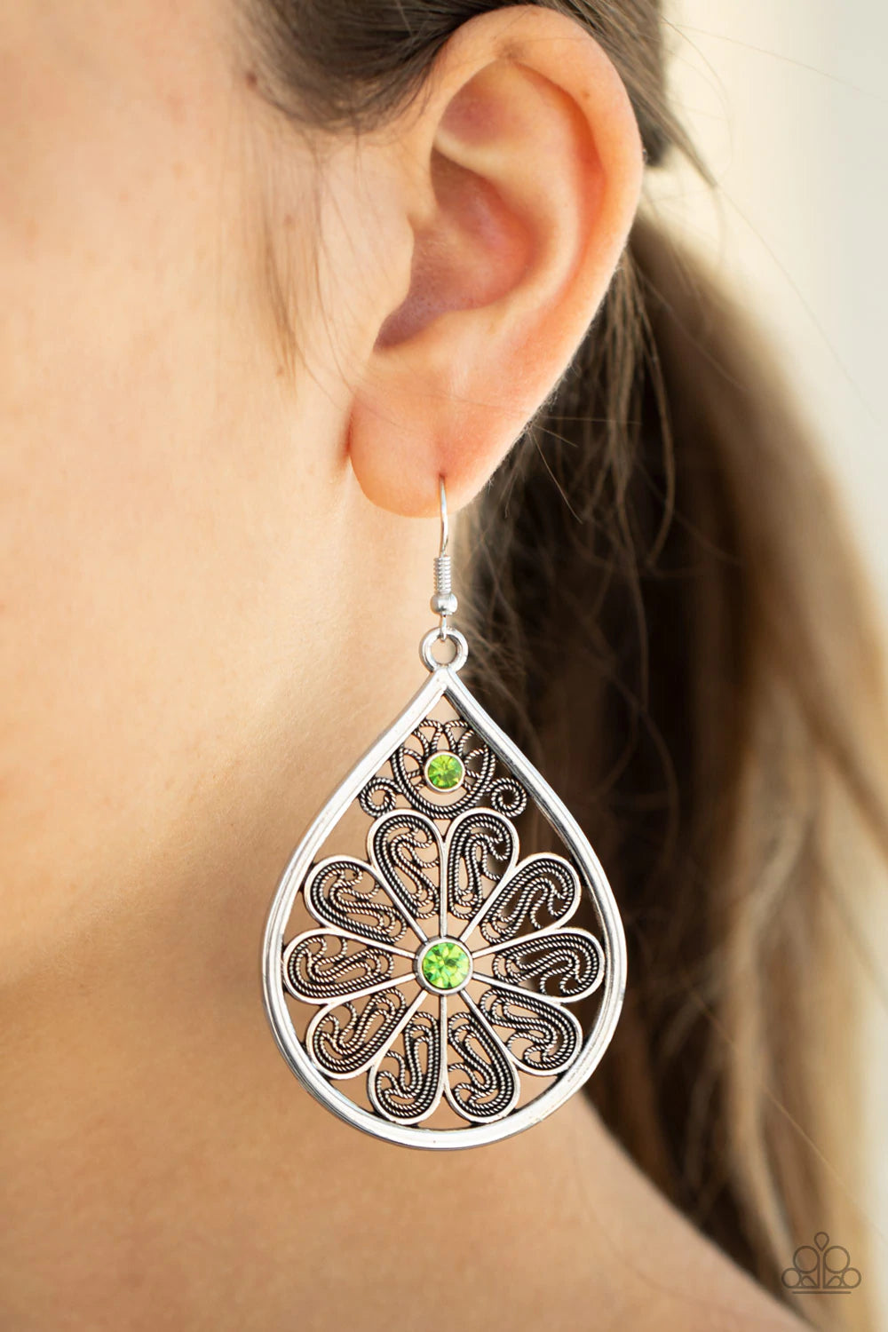 Paparazzi Accessories Whimsy Dreams - Green Dotted with two green rhinestones, antiqued silver filigree swirls into a flowery teardrop frame for a whimsical look. Earring attaches to a standard fishhook fitting. Sold as one pair of earrings. Earrings