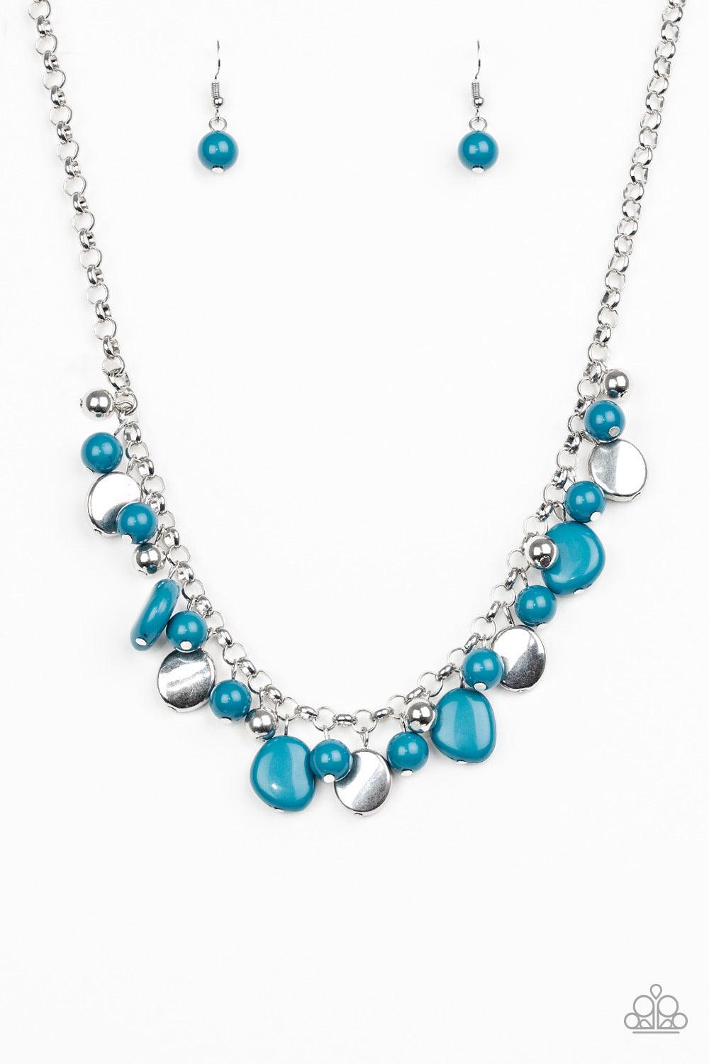 Paparazzi Accessories Flirtatiously Florida ~Blue Featuring round and asymmetrical shapes, shiny silver and blue beads swing from the bottom of a bold silver chain, creating a flirtatious fringe below the collar. Features an adjustable clasp closure. Sold