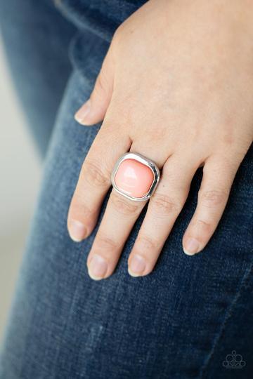 Paparazzi Accessories POP-ularity Contest - Orange An oversized Burnt Coral bead is pressed into the center of a square silver frame, creating a powerful pop of color atop the finger. Features a stretchy band for a flexible fit. Sold as one individual rin