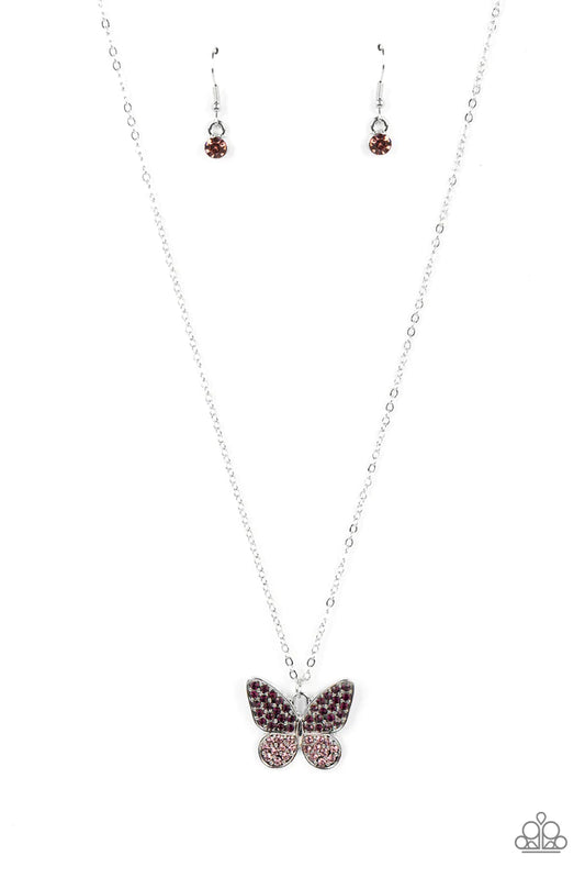 Paparazzi Accessories Flutter Forte - Purple Dotted in dark and light purple rhinestones, a whimsical silver butterfly flutters along a dainty silver chain below the collar for an enchanting fashion. Features an adjustable clasp closure. Sold as one indiv
