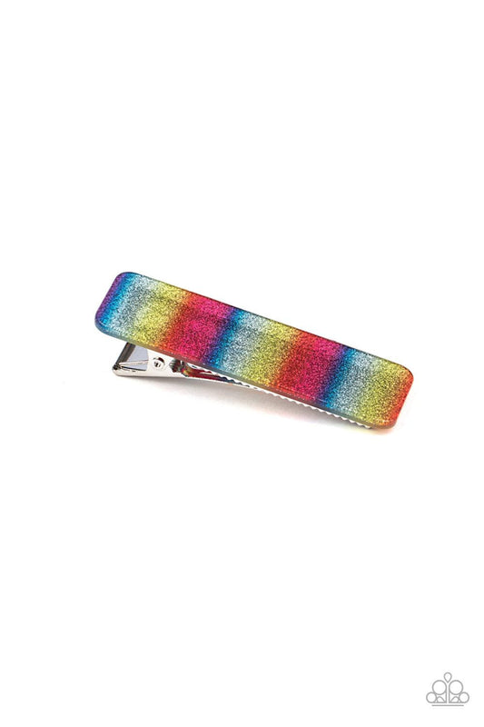 Paparazzi Accessories Stellar Rainbow - Multi Featuring a stellar sparkle, streaks of red, yellow, blue, purple, and pink coalesce into a colorful acrylic frame. Features a standard hair clip. Hair Accessories