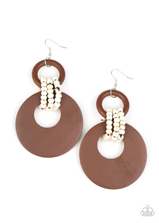 Paparazzi Accessories Beach Day Drama - Brown White wooden beaded links connect together a brown wooden ring and an oversized brown wooden crescent-like hoop, creating a uniquely earthy lure. Earring attaches to a standard fishhook fitting. Sold as one pa