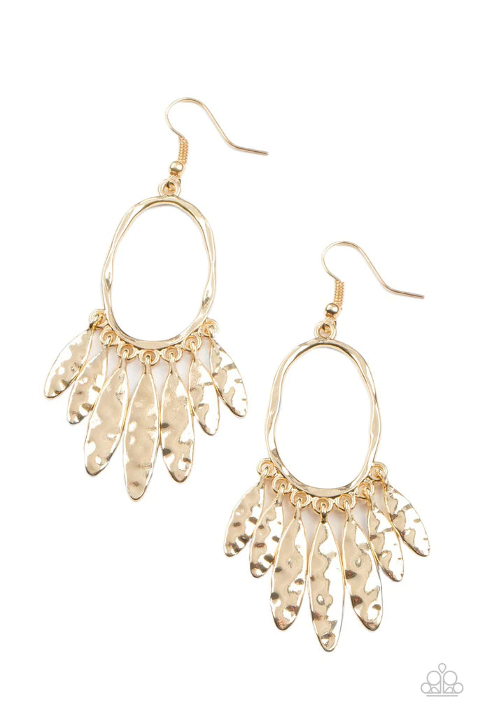 Paparazzi Accessories Artisan Aria - Gold A tapered fringe of hammered gold oval frames swing from the bottom of a hammered oval hoop, creating a musical fringe. Earring attaches to a standard fishhook fitting. Sold as one pair of earrings. Jewelry