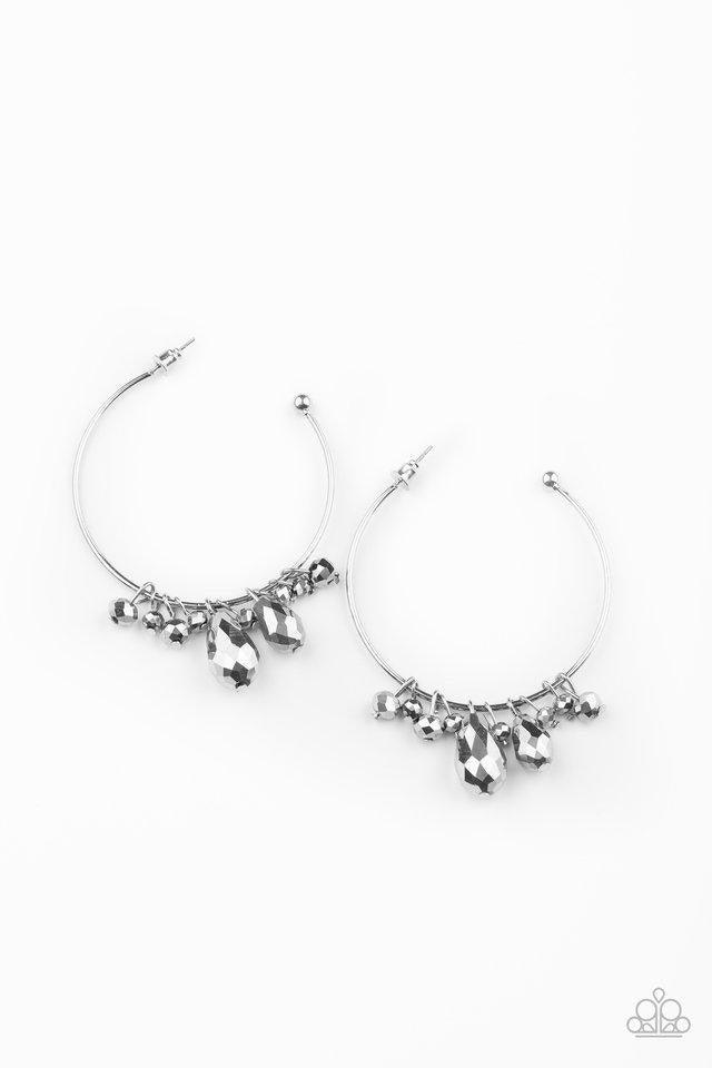 Paparazzi Accessories Dazzling Downpour - Silver A collection of round and teardrop hematite crystal-like beads slide along a dainty silver hoop for a modern twist. Earring attaches to a standard post fitting. Hoop measures approximately 2" in diameter. J