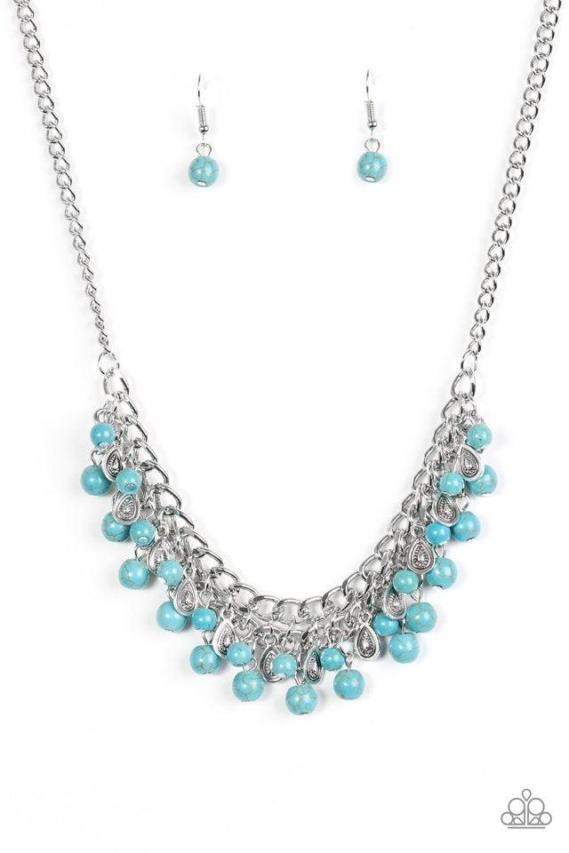 Paparazzi Accessories Poshly Paleo - Blue Earthy turquoise stone beading cascades from the bottom of interlocking silver chains, creating an earthy fringe below the collar. Brushed in an antiqued shimmer, textured silver teardrops drip between the colorfu