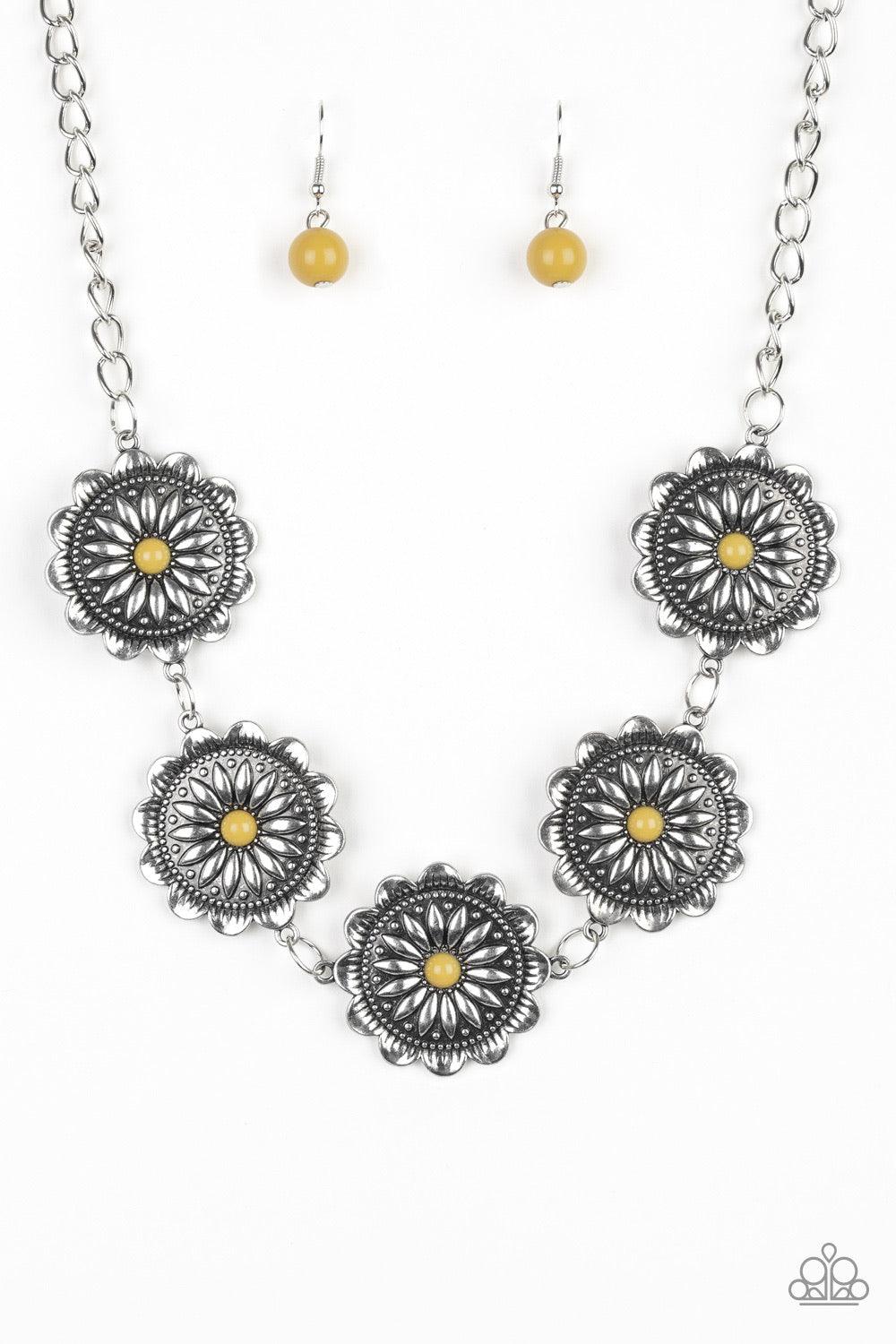 Paparazzi Accessories Me-Dillions, Myself, and I - Yellow Infused with shiny yellow beaded centers, ornate floral stamped frames link below the collar for a colorfully, seasonal look. Features an adjustable clasp closure. Sold as one individual necklace.