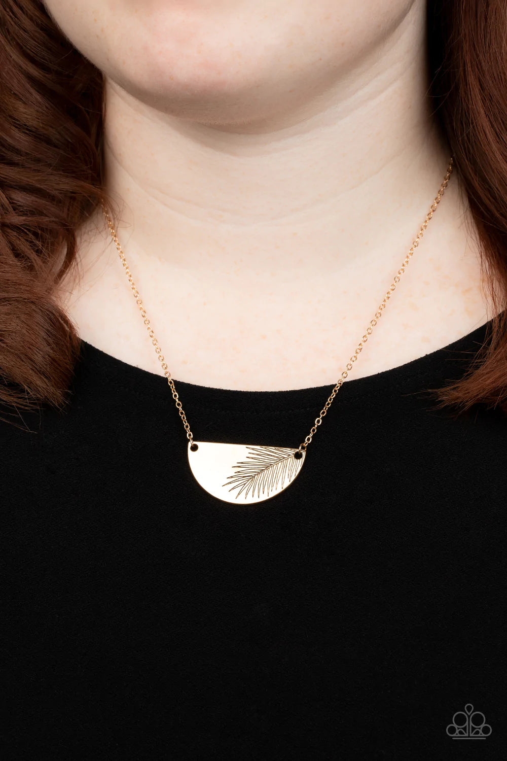 Paparazzi Accessories Cool, PALM, and Collected - Gold Suspended between the center of a dainty gold chain, a glistening gold half moon plate is stamped in an antiqued palm leaf for a seasonal flair. Features an adjustable clasp closure. Sold as one indiv