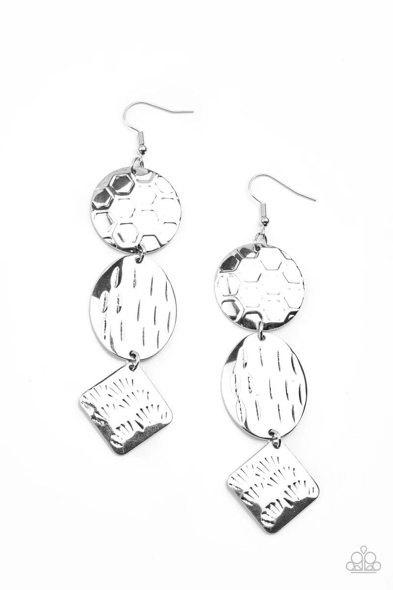 Paparazzi Accessories Mixed Movement - Silver Featuring a variety of earthy textures, three mismatched silver frames delicately link into a free-spirited stacked lure. Earring attaches to a standard fishhook fitting. Sold as one pair of earrings. Jewelry