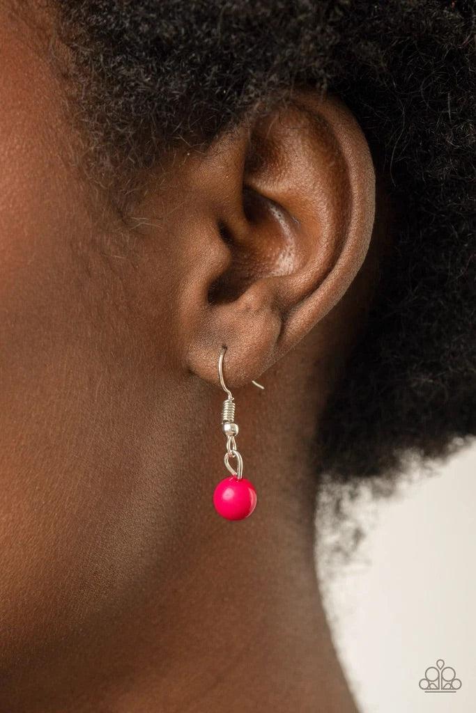 Paparazzi Accessories Prismatically POP-tastic - Pink A bubbly collection of round Raspberry Sorbet beads are pressed into sleek silver fittings as they connect beneath the collar, creating a powerful pop of color. Features an adjustable clasp closure. So
