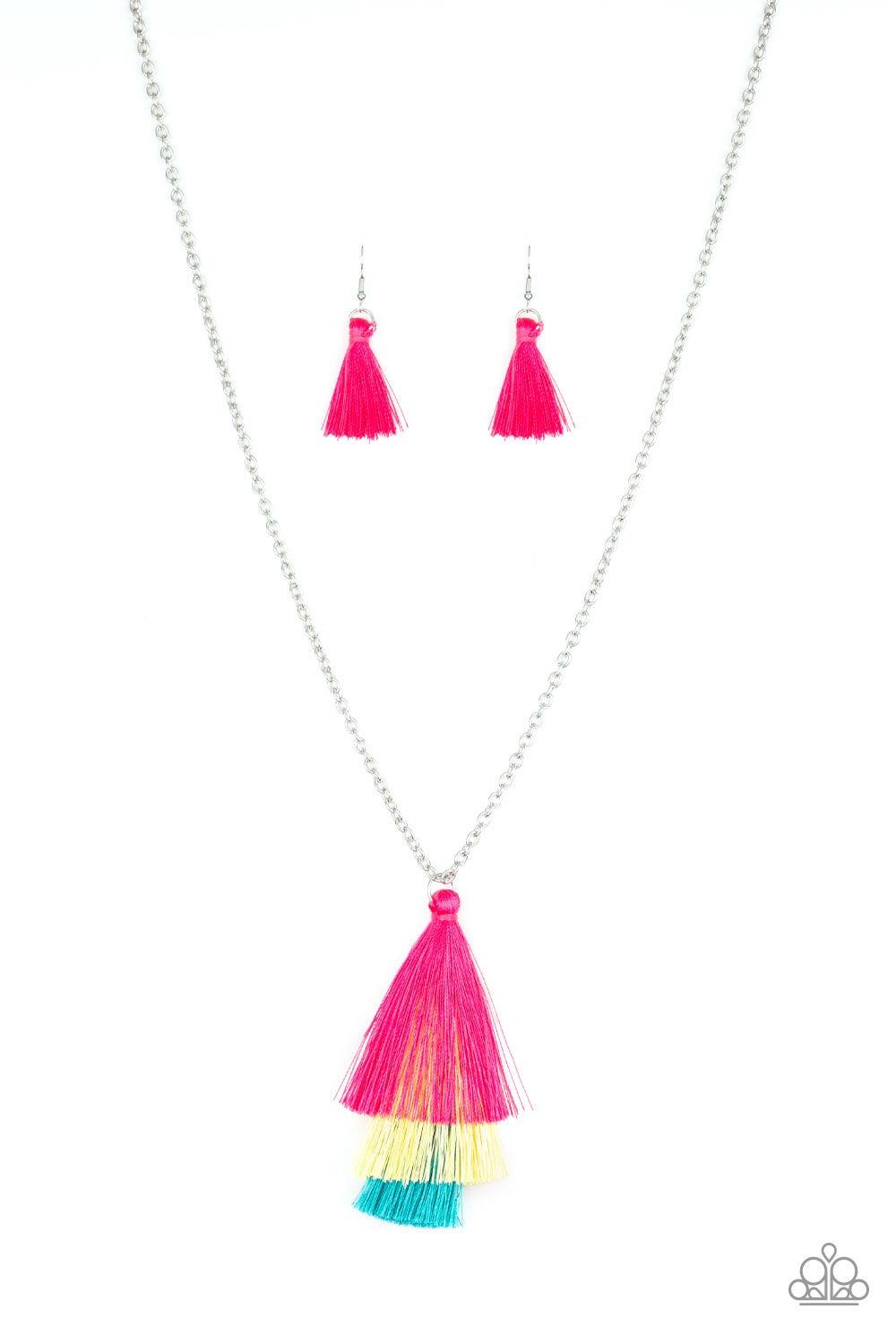 Paparazzi Accessories Triple The Tassel - Multi Featuring shimmery pink, yellow, and blue thread, a 3-tiered tassel swings from the bottom of a lengthened silver chain for a colorful, wanderlust vibe. Features an adjustable clasp closure. Jewelry