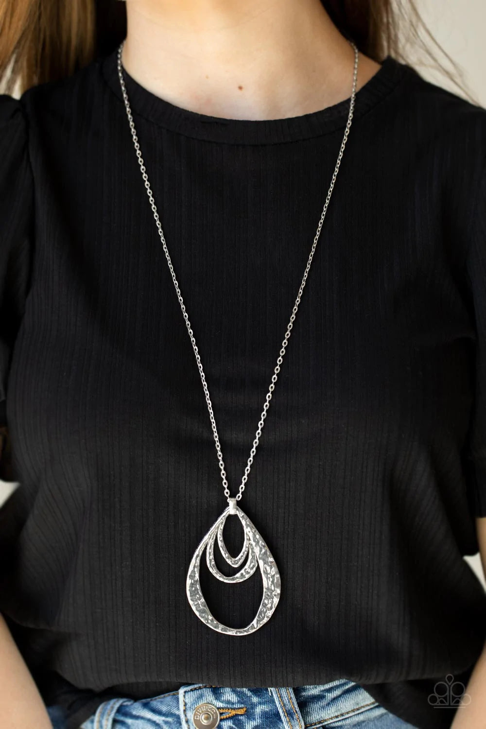 Paparazzi Accessories Relic Renaissance - Silver Hammered in a rustic finish, an oversized collection of asymmetrical silver teardrops layer at the bottom of a lengthened silver chain for an artisan inspired look. Features an adjustable clasp closure. Sol