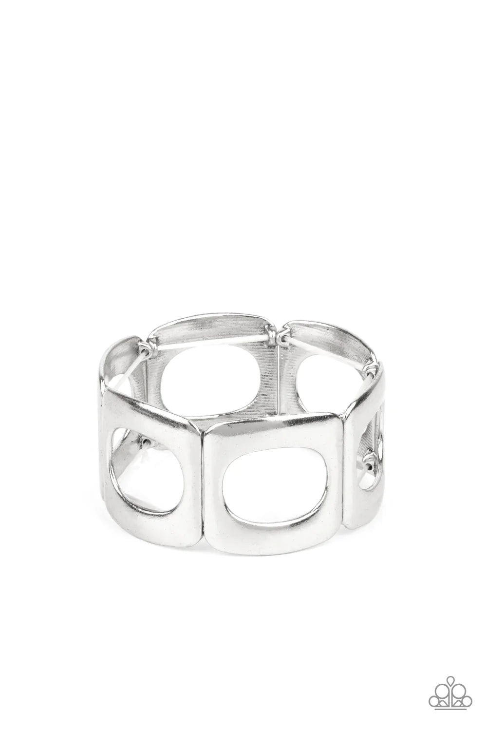 Paparazzi Accessories In OVAL Your Head - Silver Brushed in a gritty finish, airy ovals have been cut out of curved silver frames. Threaded along stretchy bands around the wrist, the airy frames allow the skin to peek through their centers for a natural f