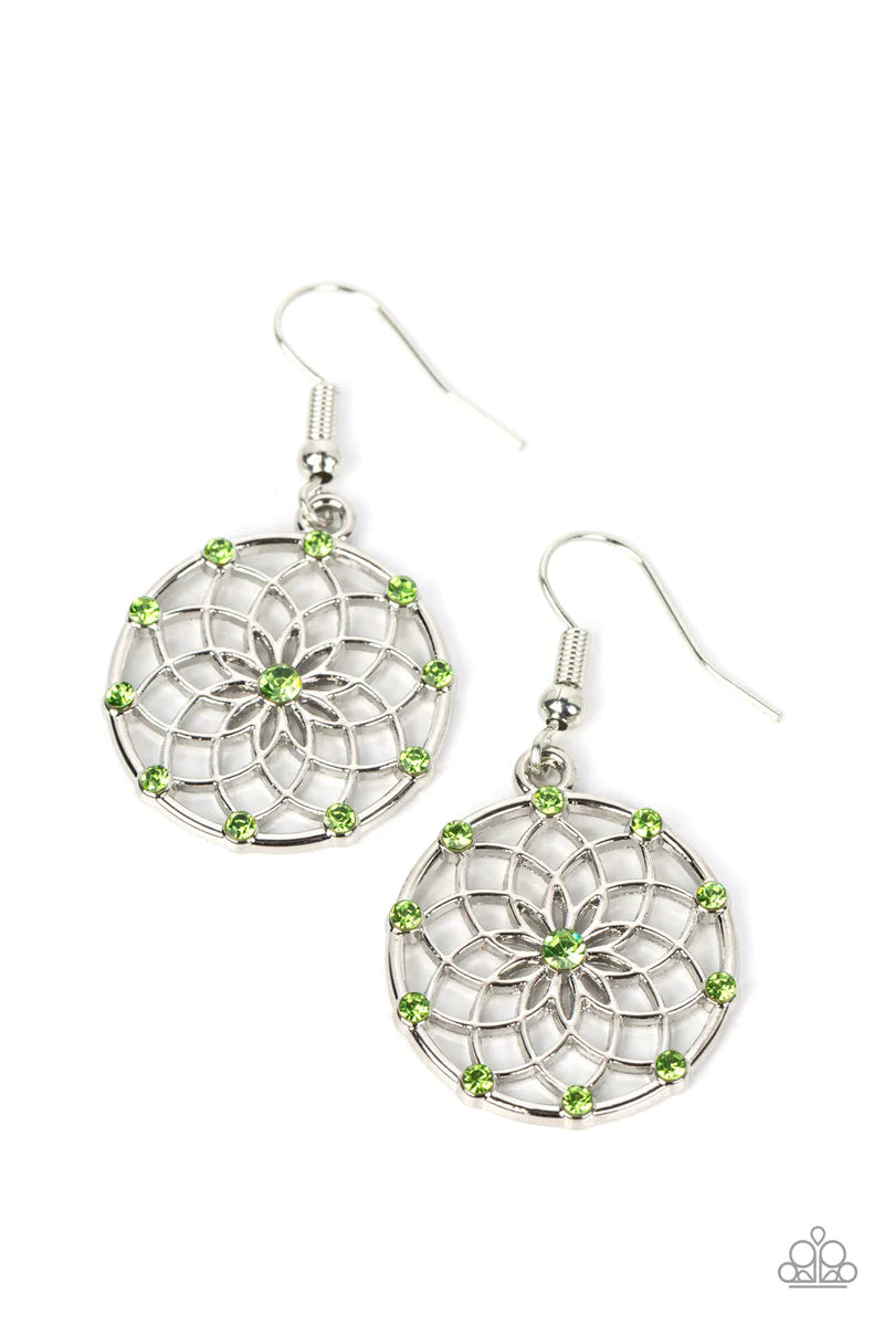 Paparazzi Accessories Springtime Salutations - Green Dotted with dainty green rhinestones, an airy mandala-like blossom blooms inside a silver hoop for a seasonal shimmer. Earring attaches to a standard fishhook fitting. Sold as one pair of earrings. Jewe