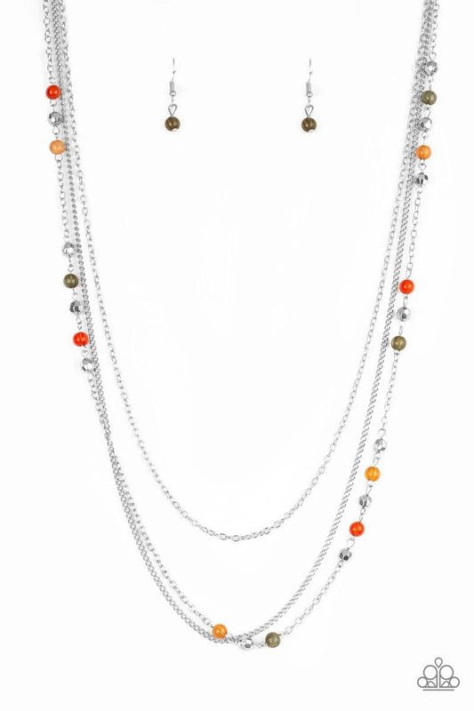 Paparazzi Accessories Colorful Cadence - Multi Faceted silver and glassy green, orange and red beads trickle along shimmery silver chains down the chest for a whimsical look. Features an adjustable clasp closure. Sold as one individual necklace. Includes