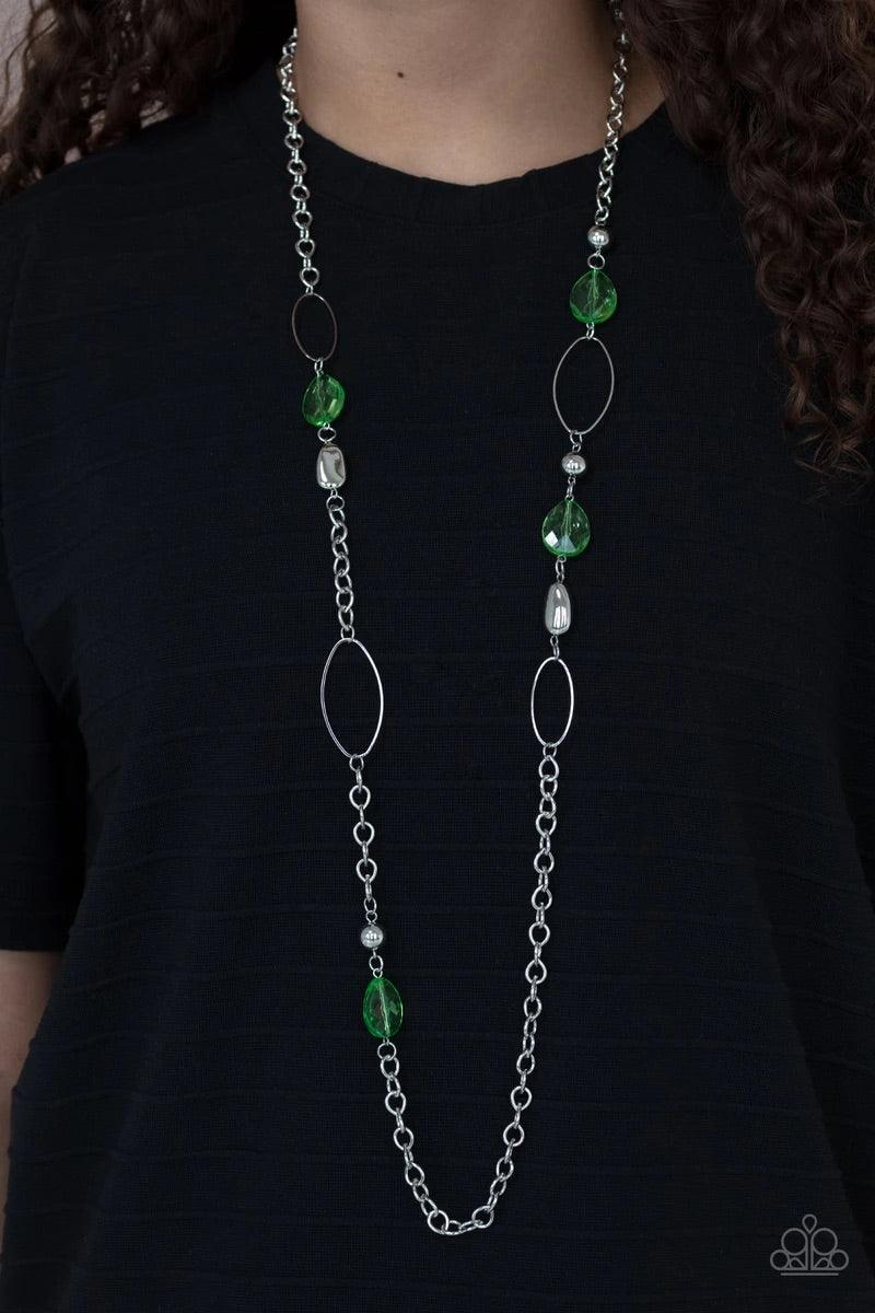 Paparazzi Accessories SHEER As Fate - Green Faceted Apple Green teardrop beads, dainty oval hoops, and silver accent beads descend along a silver chain in a whimsical pattern. Features an adjustable clasp closure. Sold as one individual necklace. Includes