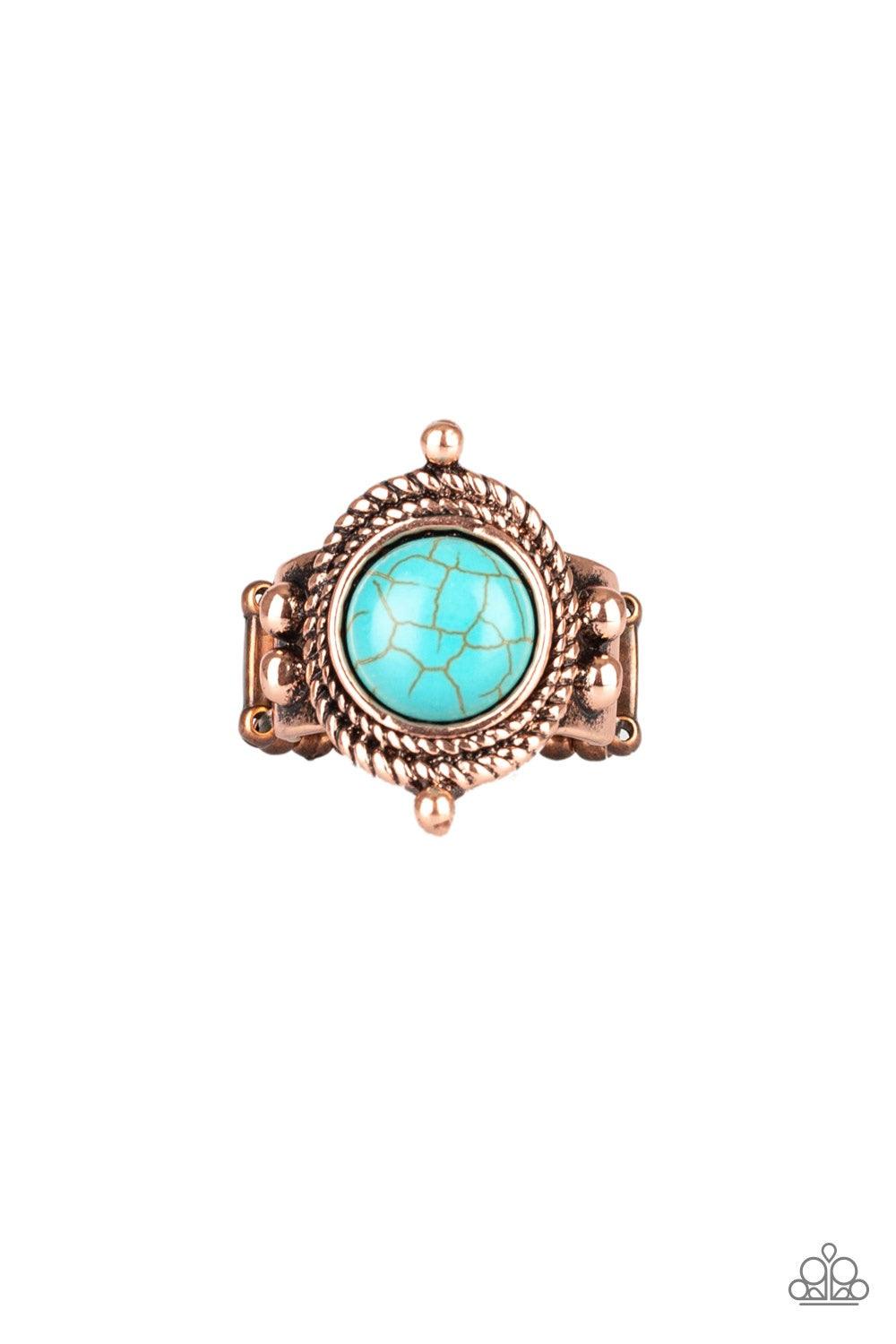 Paparazzi Accessories Prone To Wonder - Copper A refreshing turquoise stone is pressed into the center of a copper frame radiating with studded and twisted rope-like textures for an artisan inspired look. Features a stretchy band for a flexible fit. Jewel