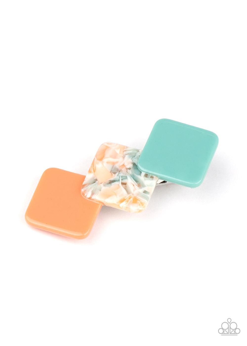 Paparazzi Accessories I’ll Take It From HAIR - Multi Featuring polished and shell-like finishes, a trio of coral, multicolored, and blue square acrylic frames delicately overlap into a bubble display. Features a standard hair clip on the back. Sold as one