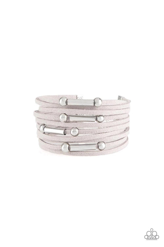 Paparazzi Accessories Back To BACKPACKER - Silver Strung between two silver fittings, glistening silver and gunmetal accents slide along strands of gray suede for a seasonal look. Features an adjustable clasp closure. Sold as one individual bracelet. Jewe