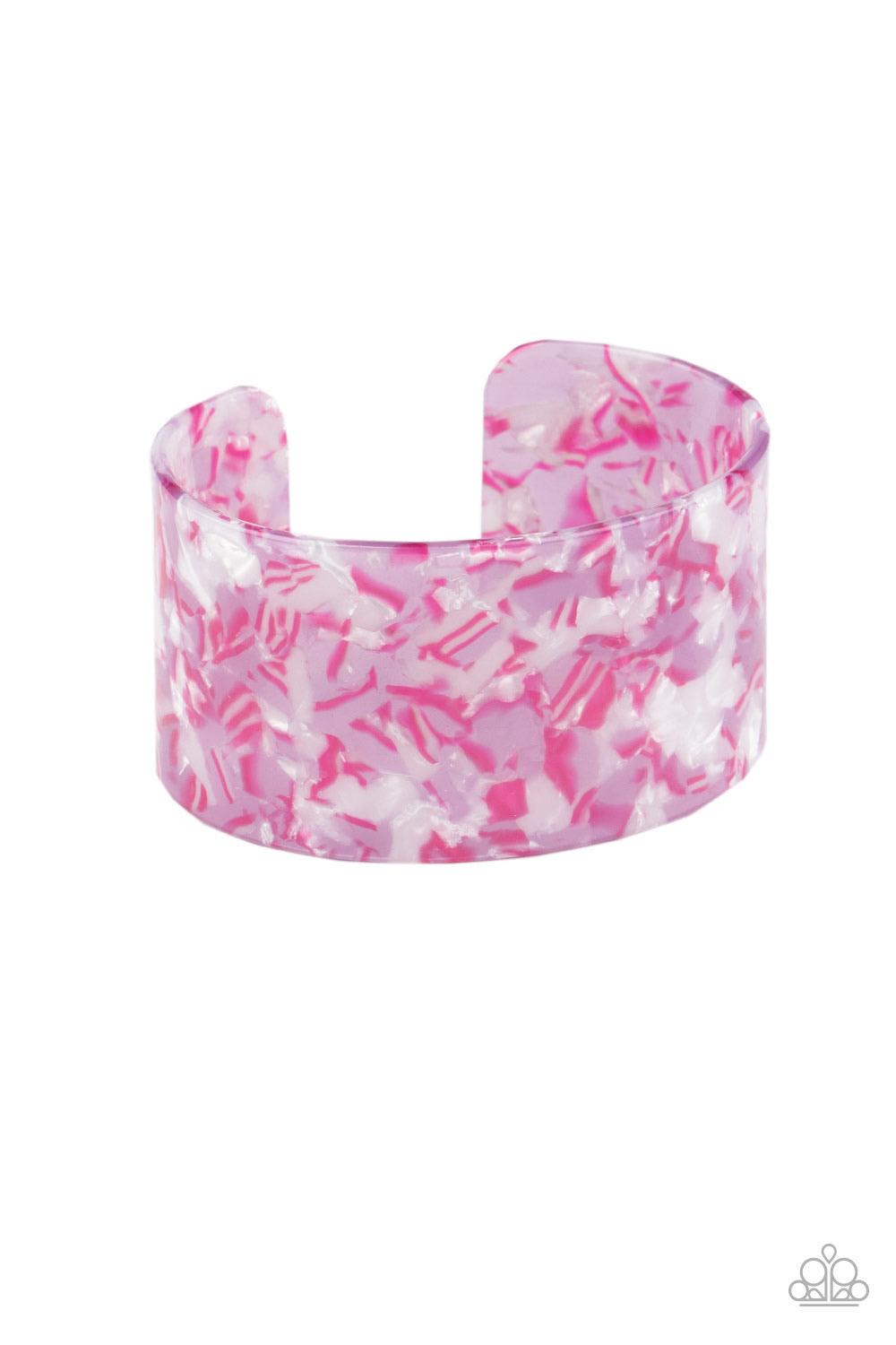 Paparazzi Accessories Freestyle Fashion - Pink Featuring a pink, white, and purple tortoise shell-like pattern, a thick acrylic cuff delicately curls around the wrist for a colorfully chic look. Sold as one individual bracelet. Jewelry