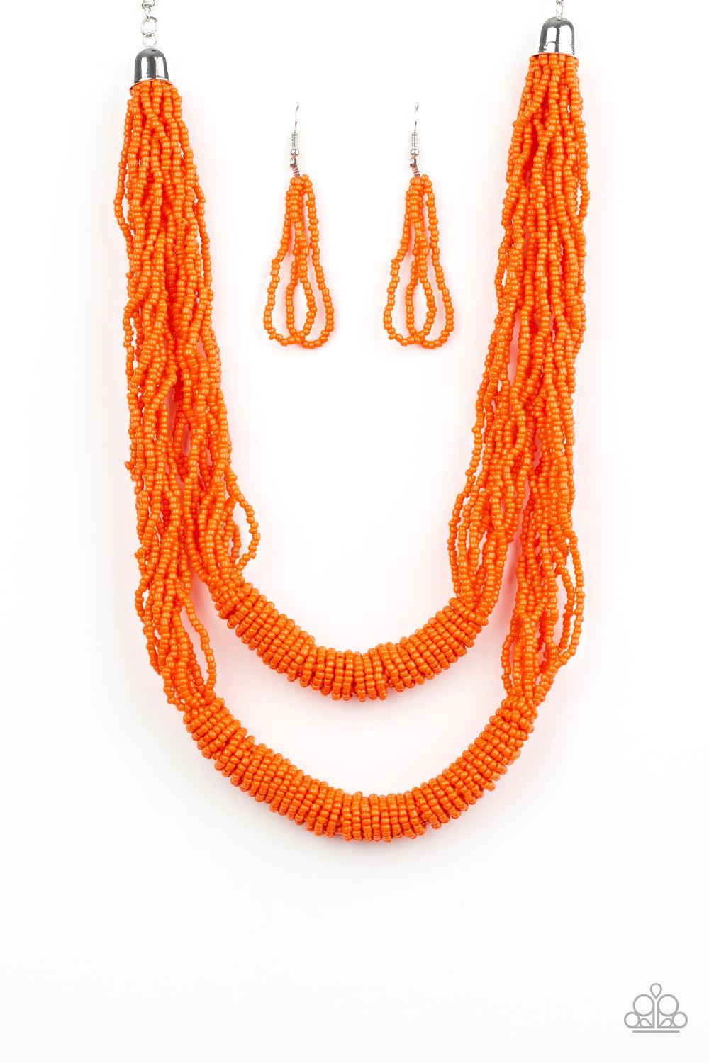 Paparazzi Accessories Right As RAINFOREST - Orange Countless layers of vivacious orange seed beads drape below the collar. Additional strands of orange seed beads wrap around the center of the layers, creating two bulky rows for a seasonal flair. Features