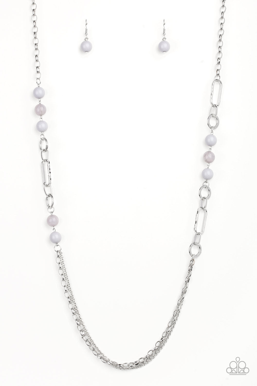Paparazzi Accessories Cache Me Out - Silver A collection of glassy and polished gray beads give way to layers of mismatched silver chain for a whimsical look. Features an adjustable clasp closure. Sold as one individual necklace. Includes one pair of matc