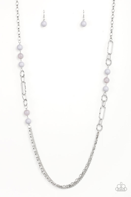 Paparazzi Accessories Cache Me Out - Silver A collection of glassy and polished gray beads give way to layers of mismatched silver chain for a whimsical look. Features an adjustable clasp closure. Sold as one individual necklace. Includes one pair of matc
