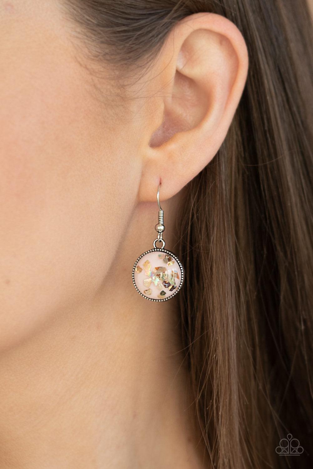Paparazzi Accessories Confetti and Cocktails - Pink Featuring flecks of iridescent shell-like accents, four glassy pink beads stack into a dazzling pendant at the bottom of a shimmery silver chain for an effervescent look. Features an adjustable clasp clo