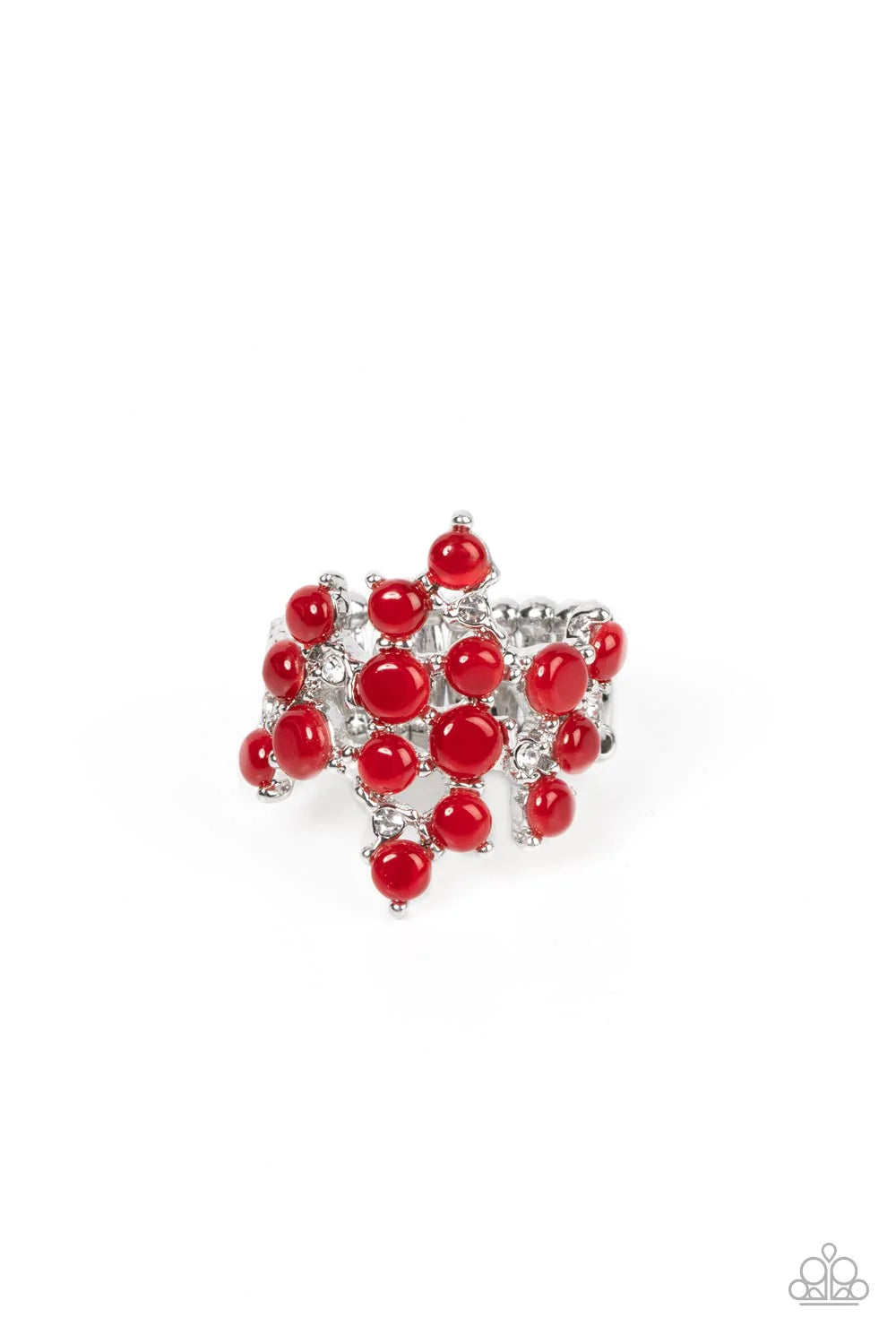 Paparazzi Accessories Seeing Eye to Cat’s Eye - Red Featuring pronged silver fittings, a dreamy collection of dainty white rhinestones and bubbly red cat's eye stones scatters across the finger for an enchanting fashion. Features a stretchy band for a fle