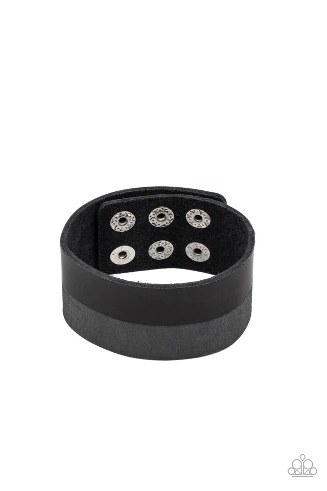 Paparazzi Accessories MOUNTAIN MAN to MOUNTAIN MAN - Black Edgy layers of black and gray leather wrap around the wrist for a down-to-earth fashion. Features an adjustable snap closure. Jewelry