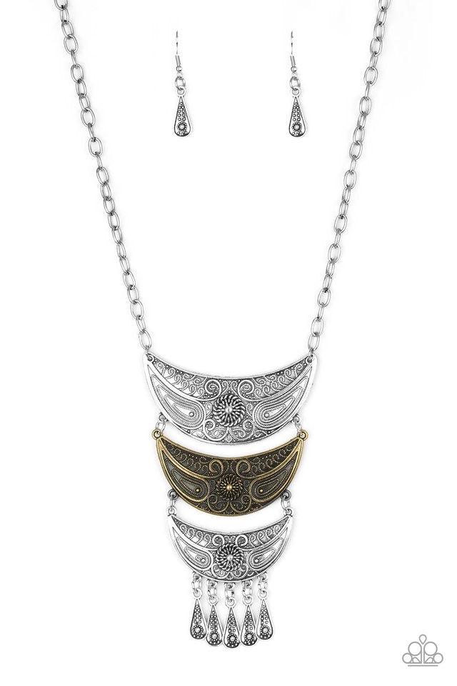 Paparazzi Accessories Go STEER-Crazy - Multi Gradually decreasing in size down the chest, decorative silver and brass crescent plates connect into a bold pendant. Dotted in dainty studs, teardrop silver frames swing from the bottom of the tribal inspired