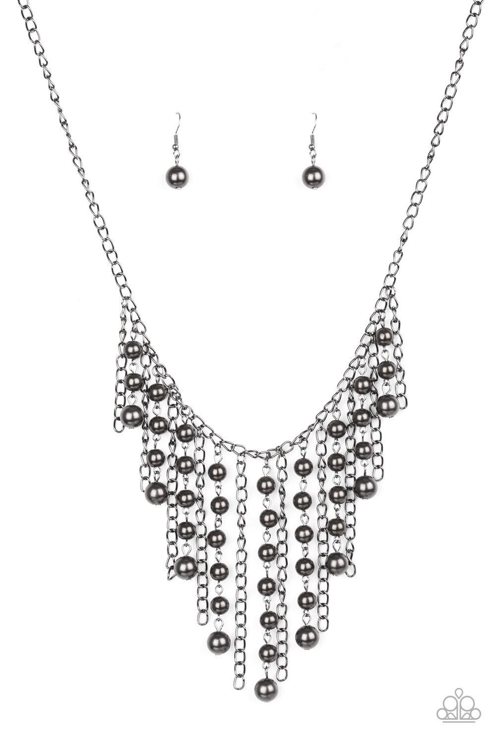 Paparazzi Accessories STUN Control - Black Pearly gunmetal beads trickle along strands of glistening gunmetal chains, creating a tapered fringe below the collar. Features an adjustable clasp closure. Jewelry