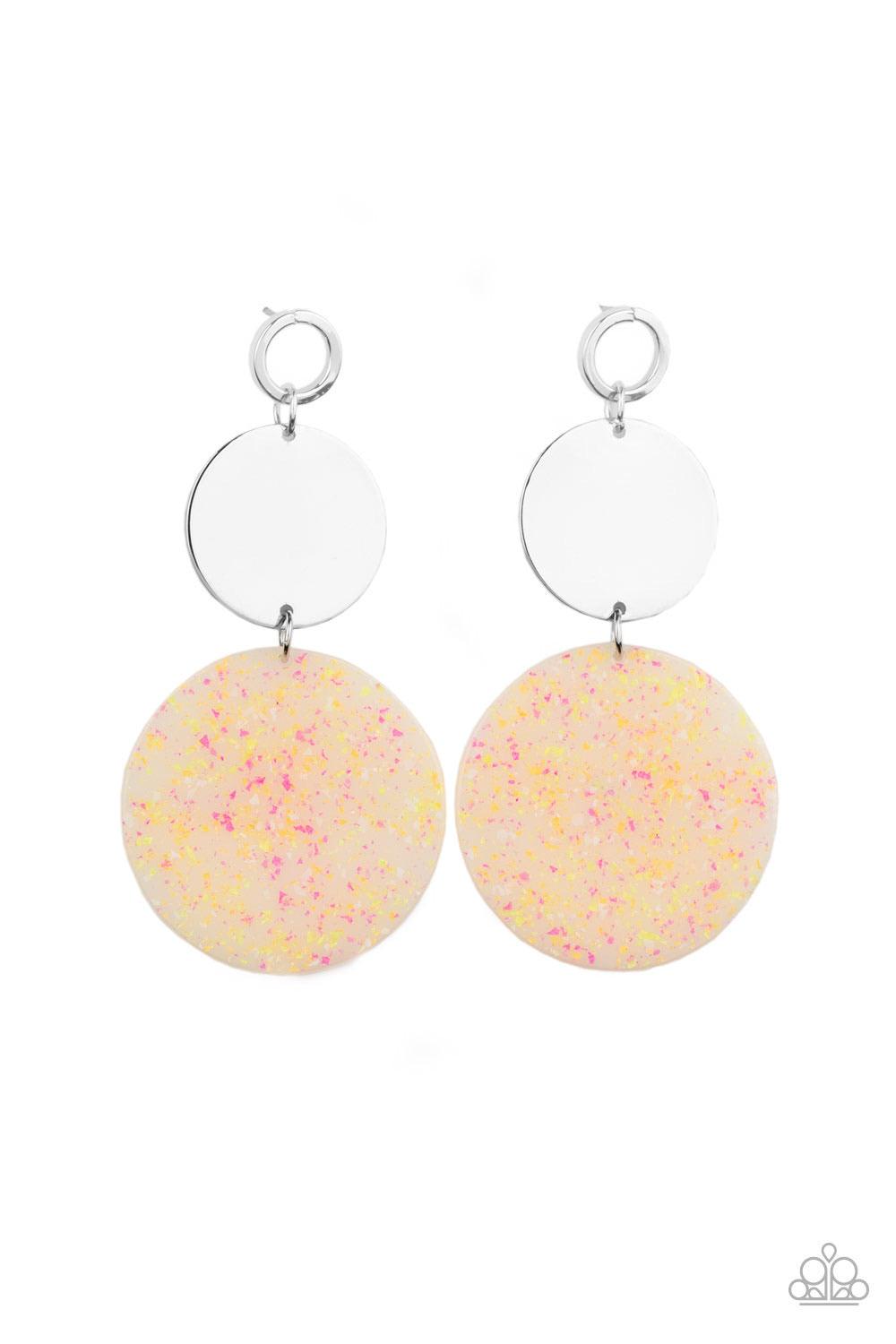 Paparazzi Accessories Beach Day Glow - Multi A speckled acrylic circle swings from the bottom of a glistening silver disc that is attached to an airy circle fitting. The shiny trio links into a colorful lure for a retro look. Earring attaches to a standar