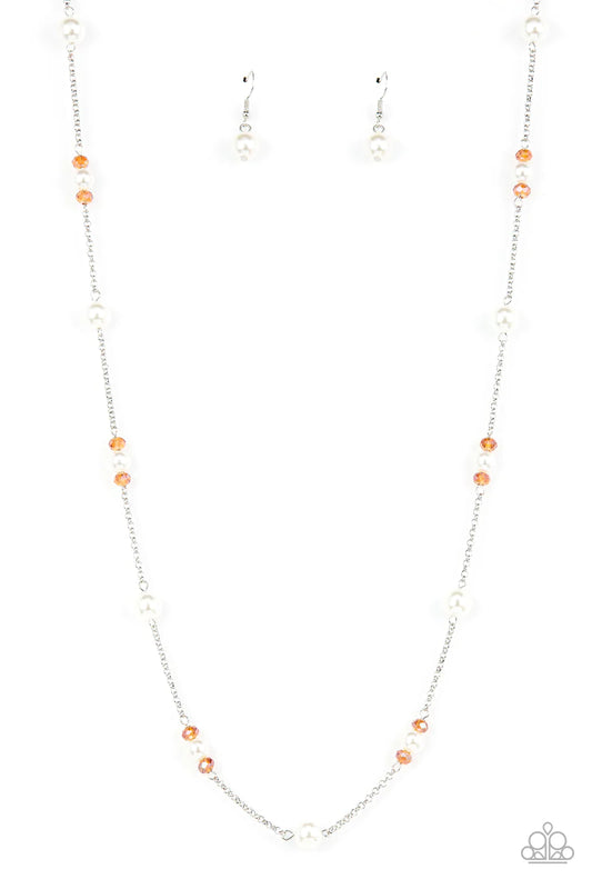 Paparazzi Accessories Keep Your Eye on the BALLROOM - Orange Dotted with bubbly white pearls, an extended silver chain is adorned with metallic flecked orange opal gems and dainty white pearls for an elegant fashion. Features an adjustable clasp closure.